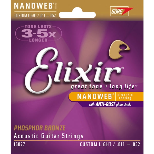 Elixir - Acoustic Guitar - [16027] Custom Light .011-.052 - Phosphor Bronze con NanoWeb / Plain Steel